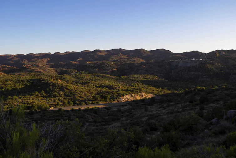 Golden light settles over a hilly and forested landscape.