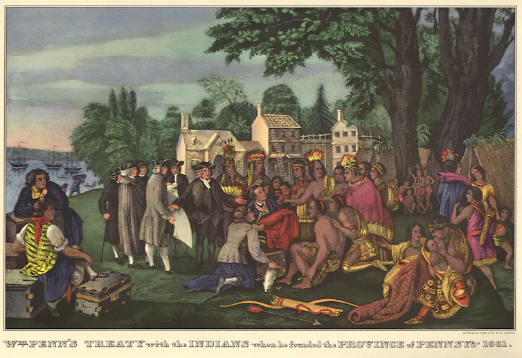 An illustration depicts people in 17th-century European clothes meeting with people in traditional Native American garb.