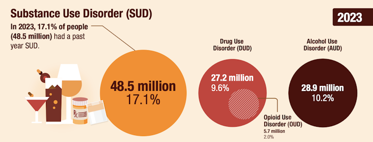 Chart showing that in 2023, 48.5 million people in the United States reported that during the previous year they had a disability caused by frequent use of alcohol or other drugs.