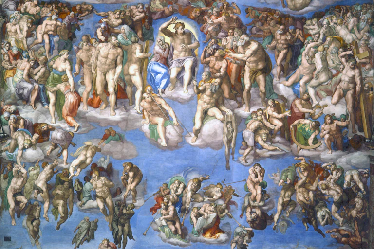 A fresco showing Christ at the center, surrounded by saints and angels; some figures are shown rising and others falling below.