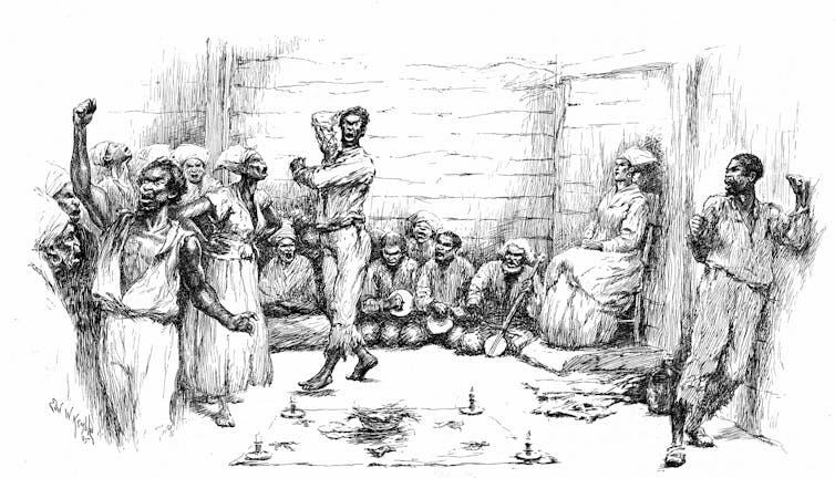 A black-and-white sketch depicts people walking and sitting around a square cloth on the ground, with small items arranged on it.