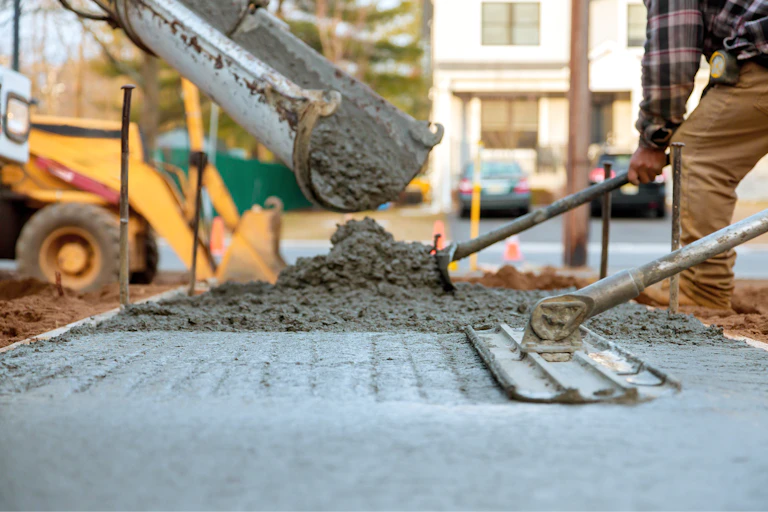 Workers pour concrete on a residential street.