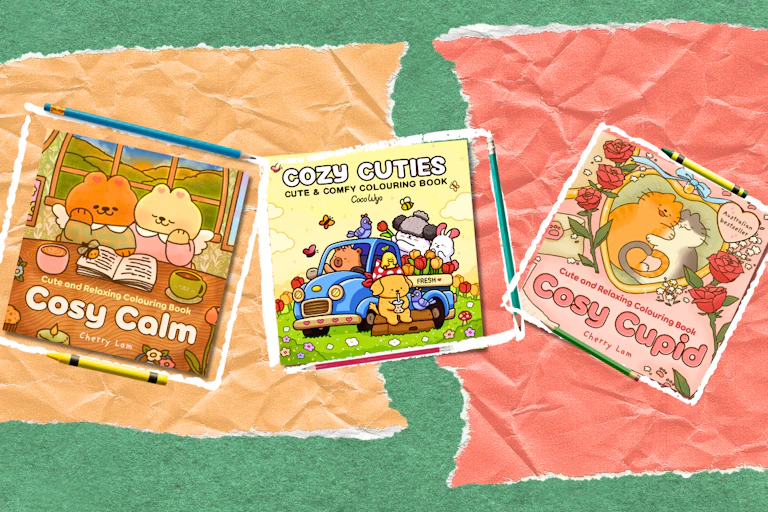 three book covers of cosy colouring books, against a colourful background