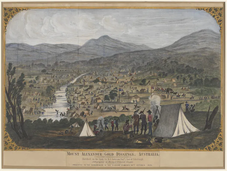 illustration of tents and landscape - a mining camp