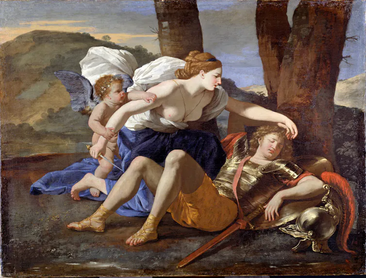 Painting of a sleeping soldier and a woman reaching for him, while her arm is grasped by a cherub
