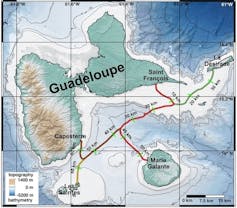 A map of the Guadeloupe archipelago showing the undersea cables running between the islands