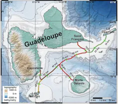 A map of the Guadeloupe archipelago showing the undersea cables running between the islands