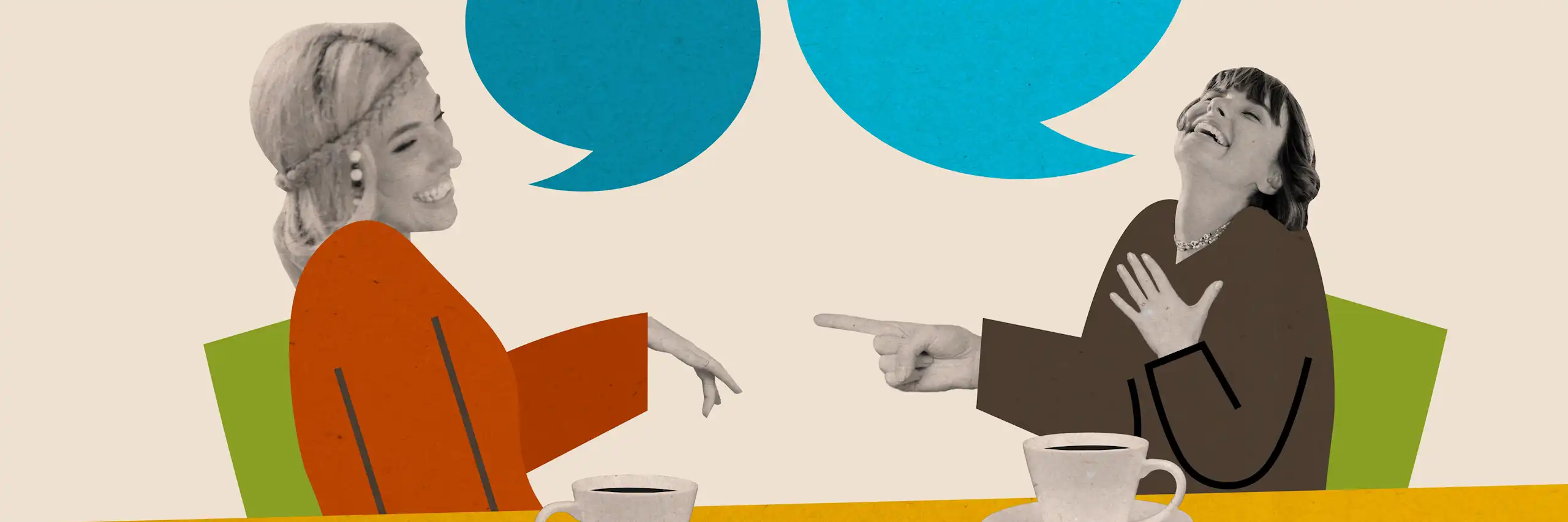 Collage de dos mujeres que hablan delante de dos cafés, con dos bocadillos de diálogo sobre sus cabezas.
