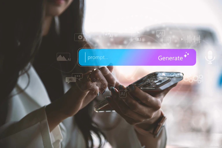 Una mujer introduce datos en una IA en su móvil.