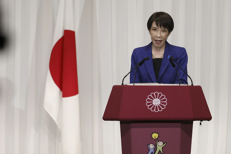 Sanae Takaichi speaks during a press conference.