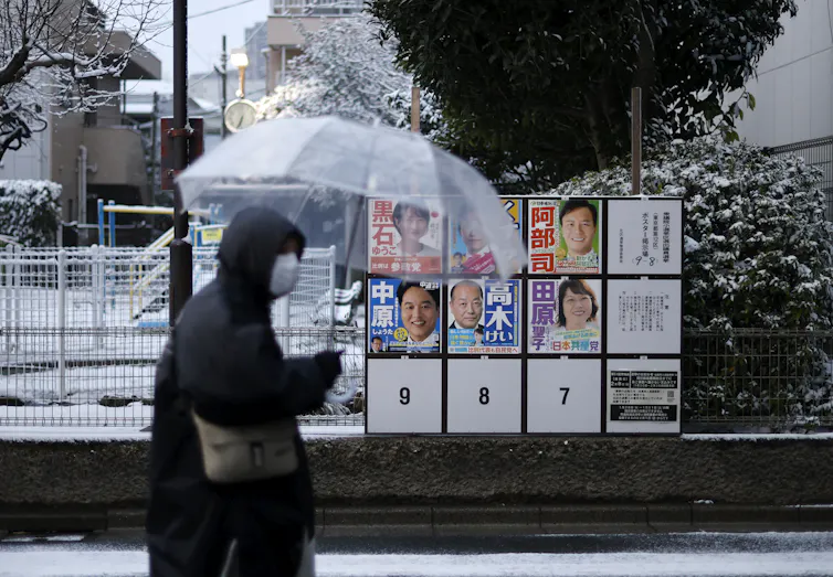 A person walks near a board in Tokyo displaying posters of local candidates for Japan's lower house election.