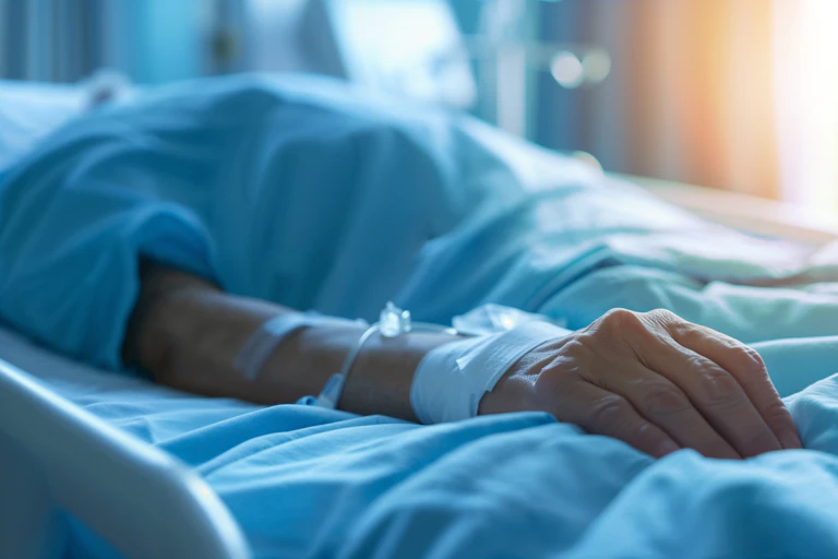 Closeup of patient's arm with IV drip in a hospital bed