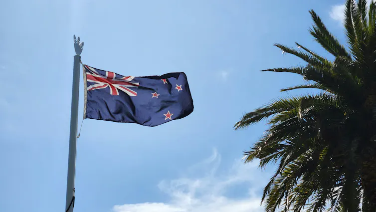 A blue flag with a Union Jack in the corner flies next to a palm tree.
