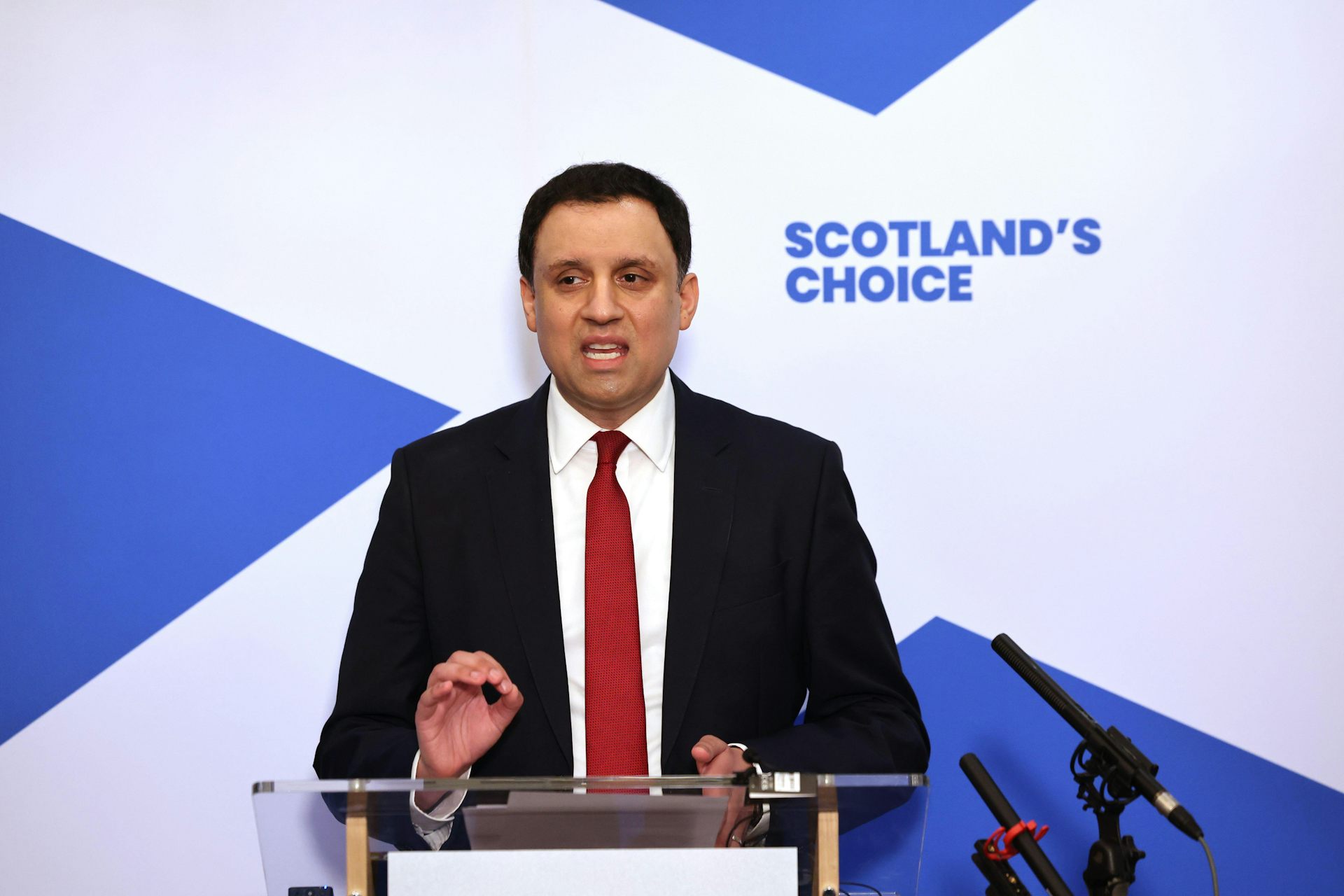 Anas Sarwar holding a press conference.