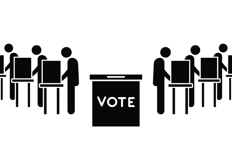 A black and white illustration of people in front of voting booths.