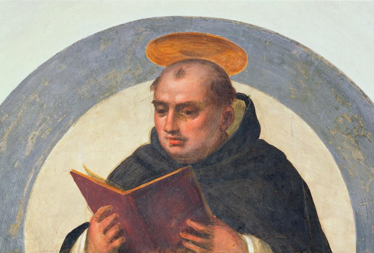 A painting in soft colors of a bald man with a halo above his head, reading and wearing an abaya.