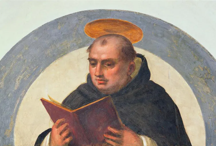 A painting in muted colors of a balding man with a halo over his head, who is reading and wearing a cloak.