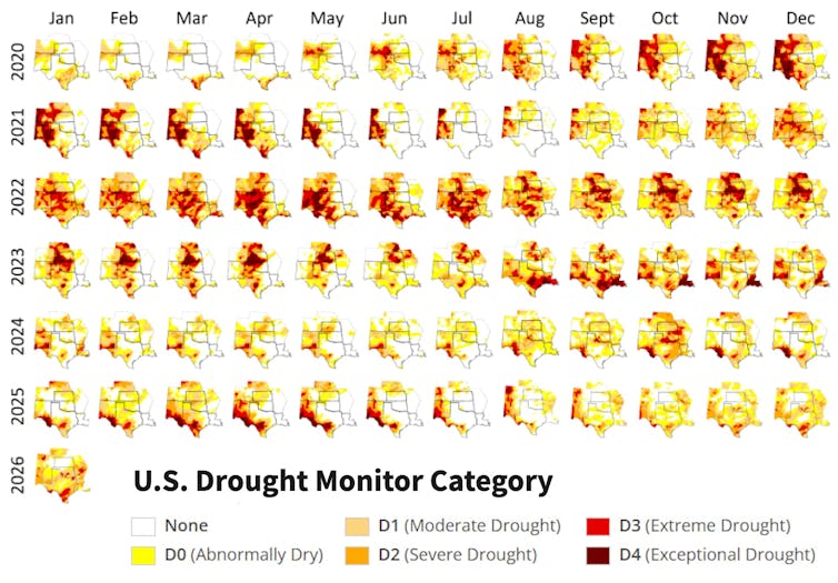 Un sexto año de sequía en Texas y Oklahoma deja a los ganaderos preparándose para otro duro verano 2 Los mapas muestran cómo la sequía actual ha progresado y se ha desplazado por la región. Estuvo en su punto máximo en 2022.