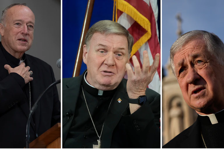 Three separate portraits, positioned side by side, of middle-aged men in black shirts with clerical collars.
