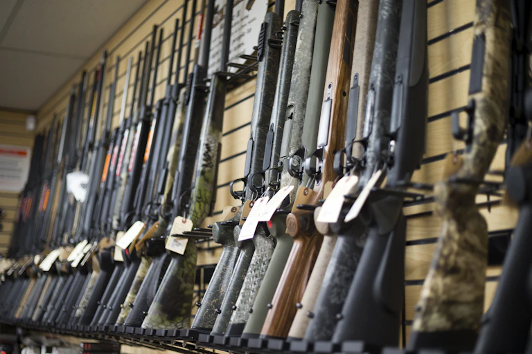 Rifles on a rack in a gun shop