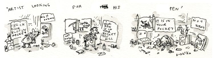 Cartoon: an artist looking for his pen.