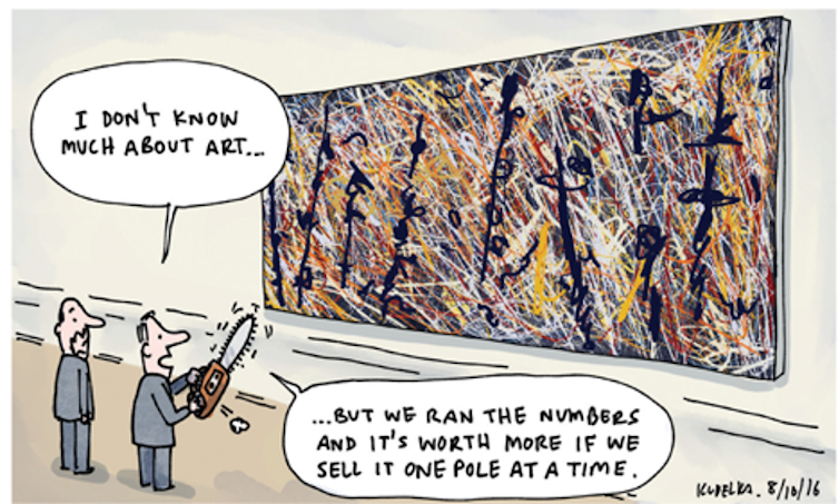 Cartoon of the Blue Poles: 'I don't know much about art, but we ran the numbers and it's worth more if we sell it one pole at a time.'