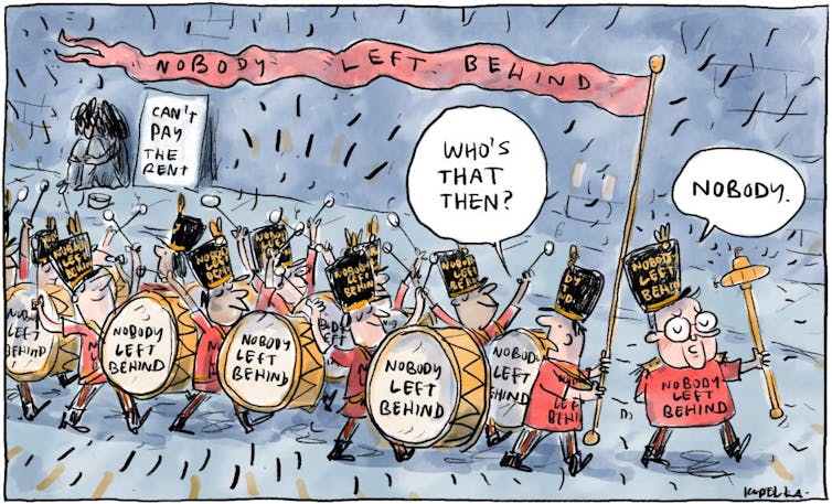 Cartoon: a drum line marching with 'nobody left behind'. Behind them, a homeless person with the sign 'can't pay the rent'.