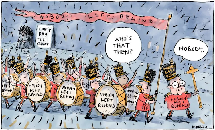 Cartoon: a drum line marching with 'nobody left behind'. Behind them, a homeless person with the sign 'can't pay the rent'.