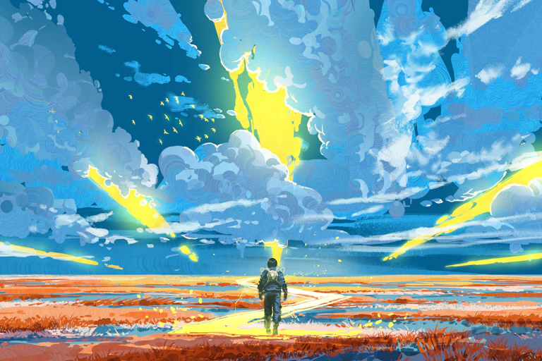 Animated image of character walking along a golden path with brightly lit red and blue landscape