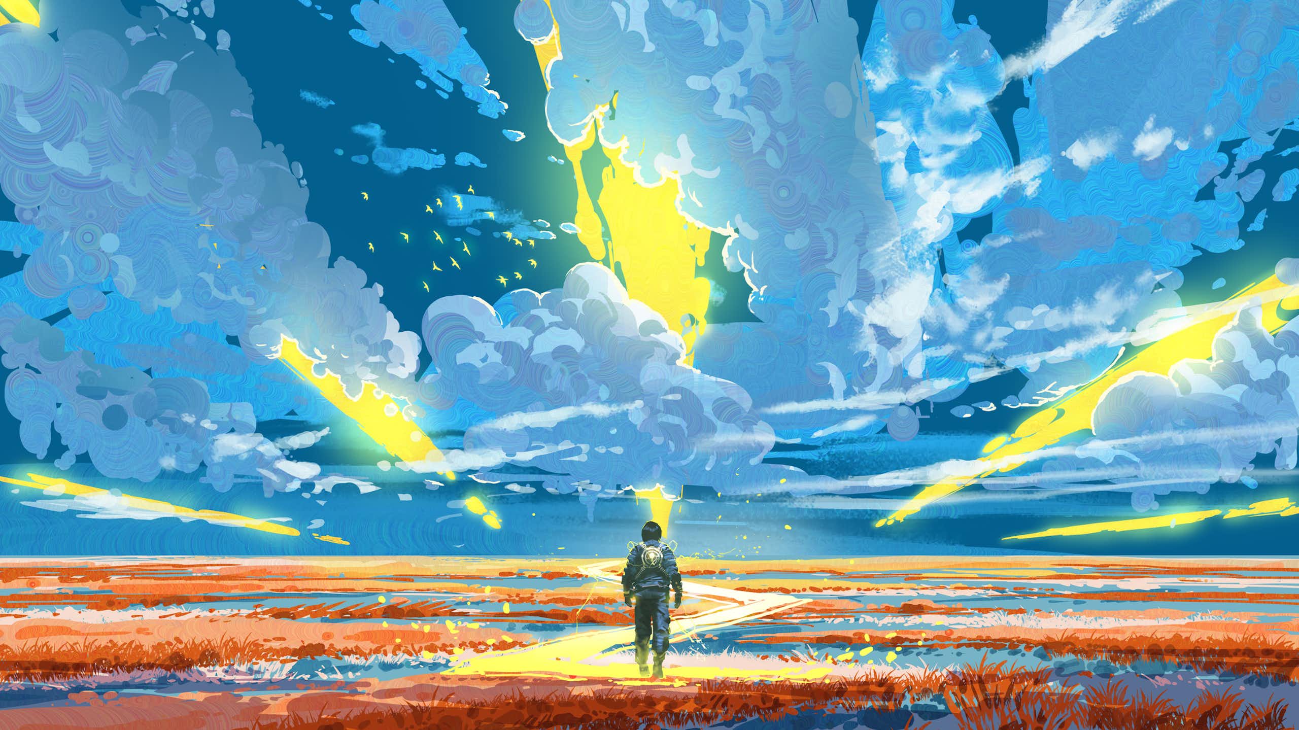 Animated image of character walking along a golden path with brightly lit red and blue landscape