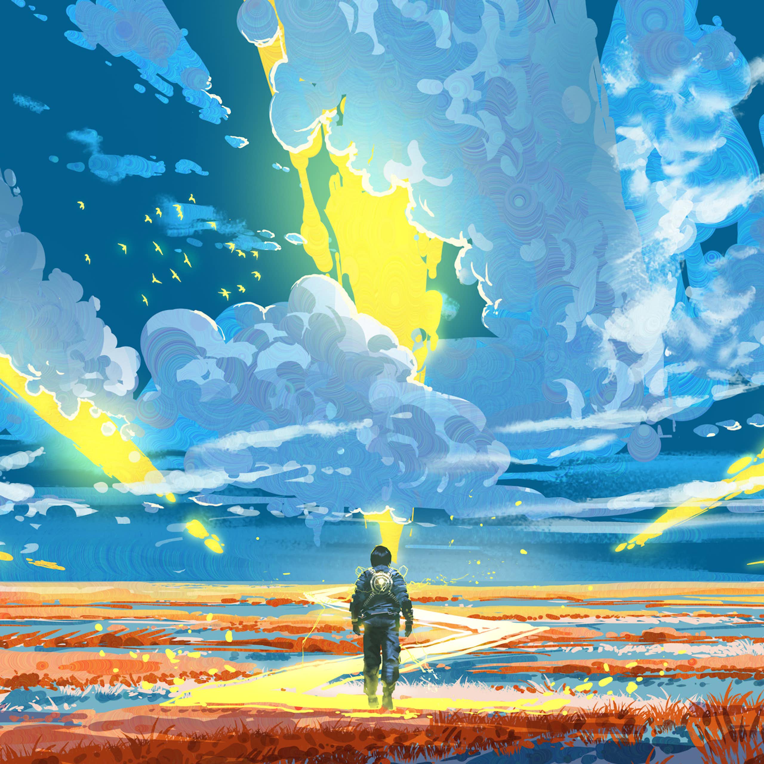 Animated image of character walking along a golden path with brightly lit red and blue landscape