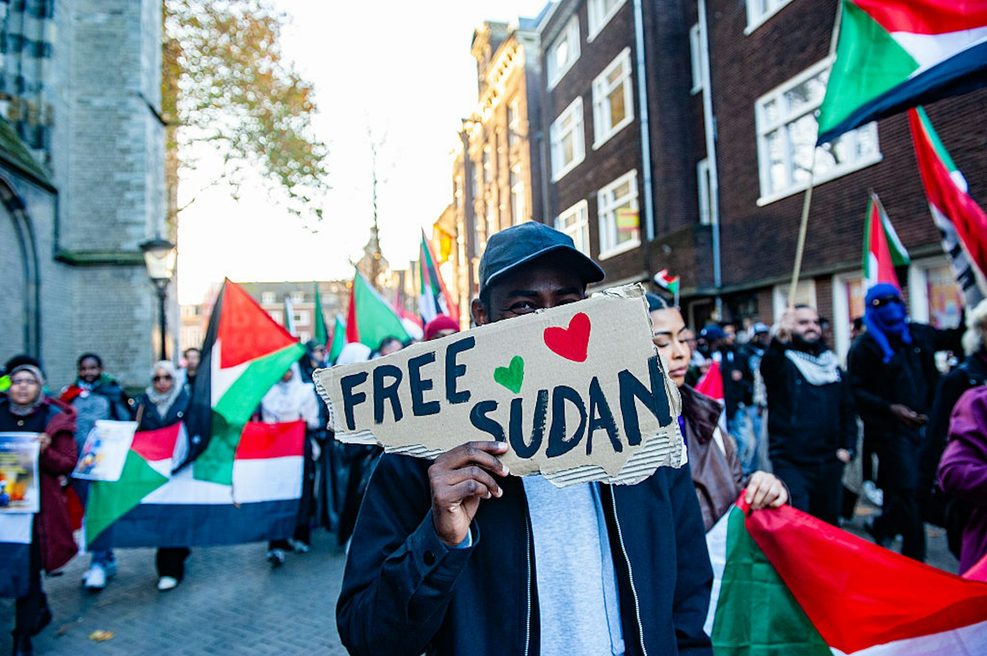 A group of people holding up red, white, green and black flags, with one man at the forefront holding a handmade cardboard placard written 'Free Sudan'