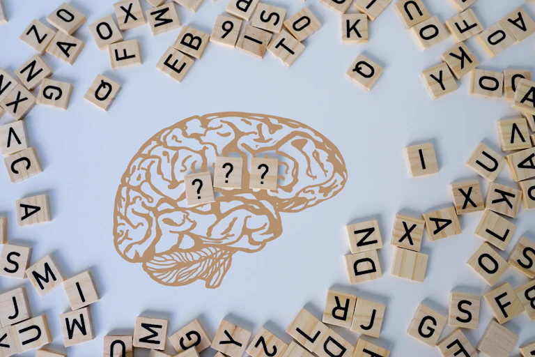 Dibujo de un cerebro con fichas letras a su alrededor y en su interior interrogaciones