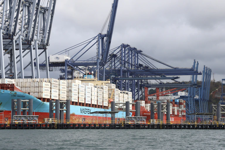A cargo vessel loaded with containers at the Port of Balboa.