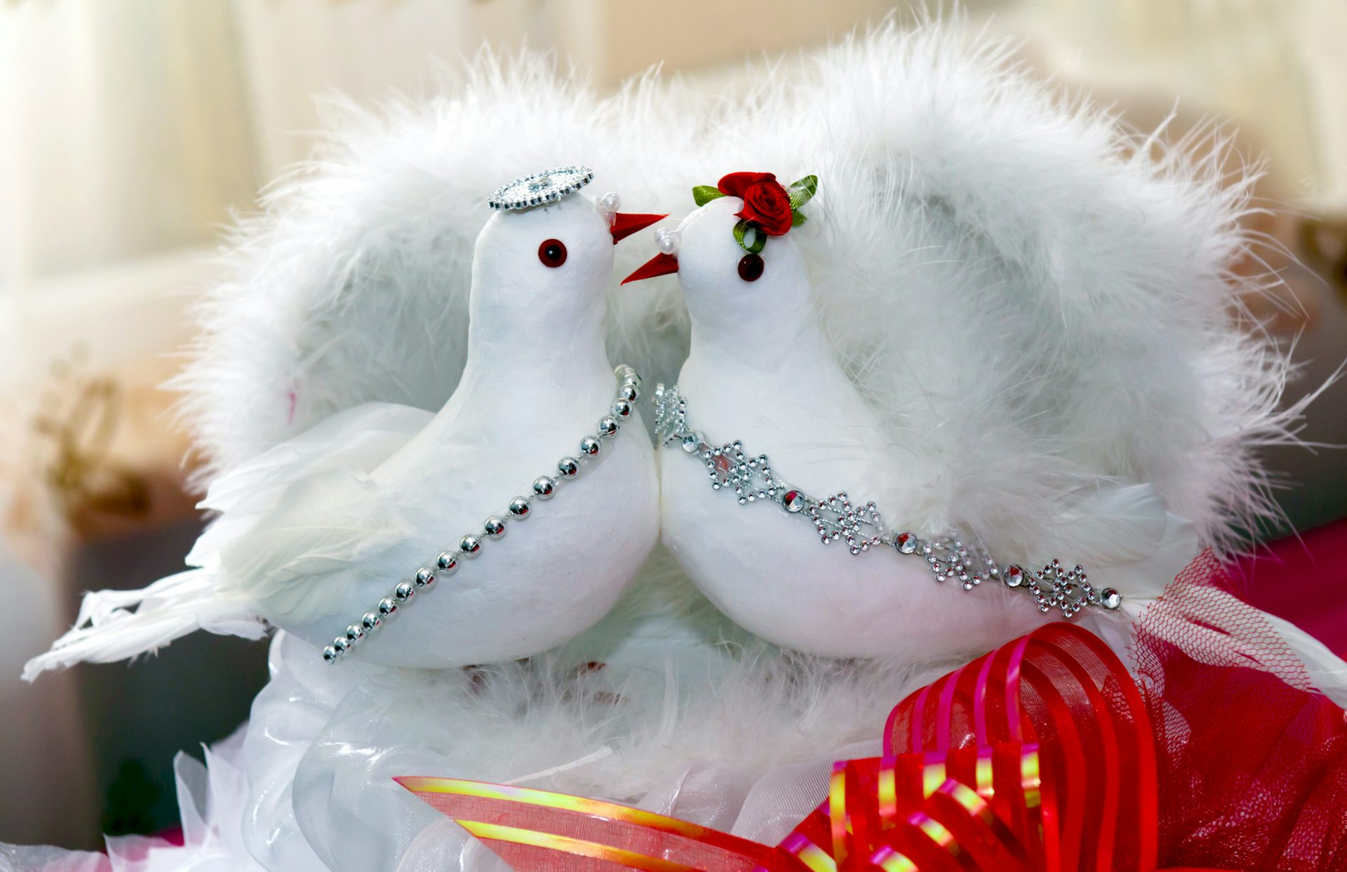 Two imitation fluffy white turtle doves