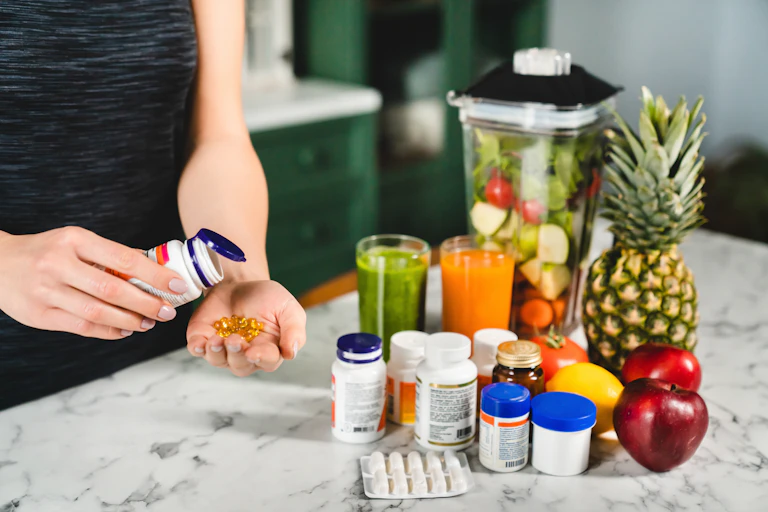 Woman taking food supplements instead of fresh fruits and vegetables.