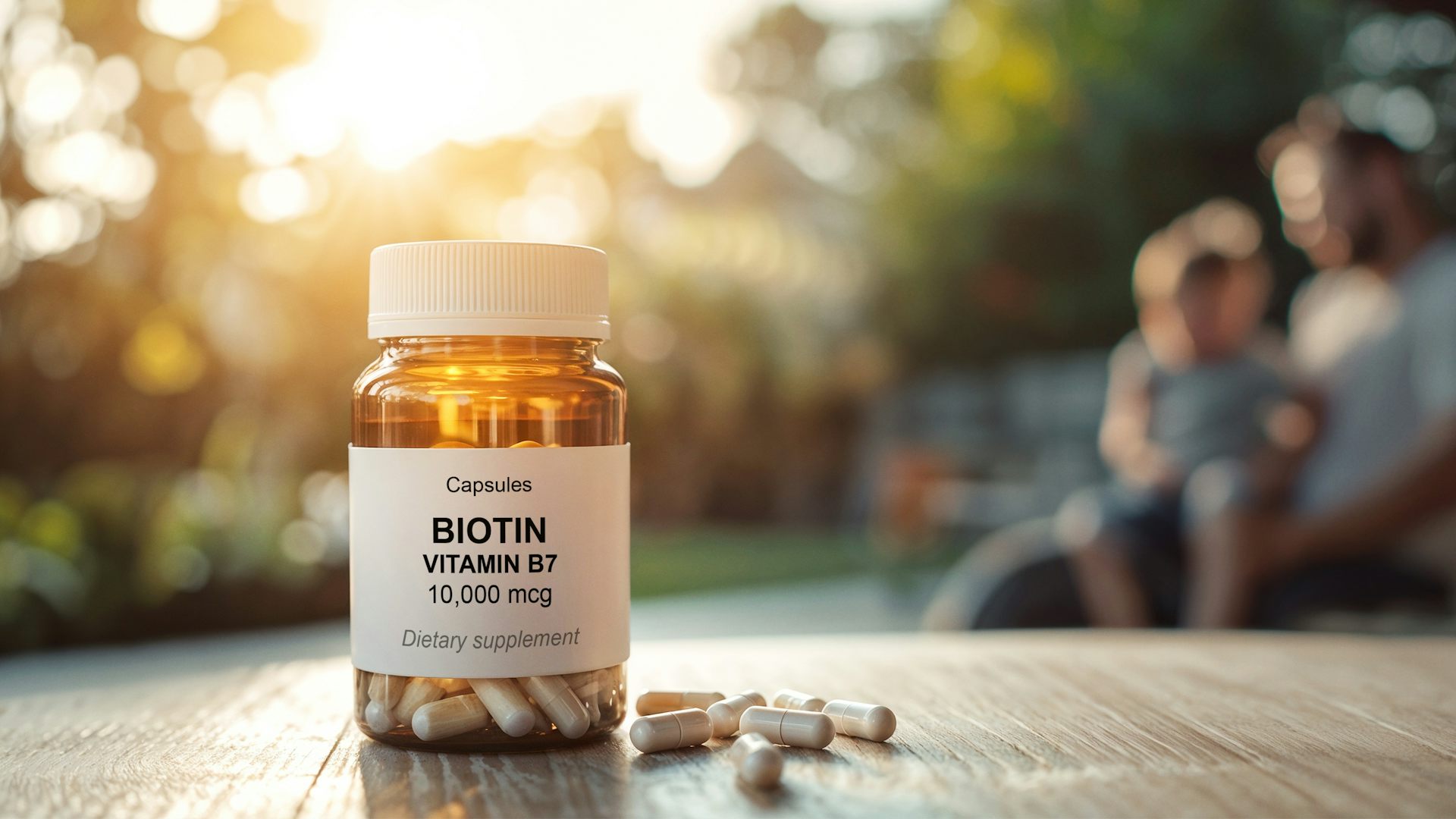 Amber bottle of biotin vitamin B7 dietary supplement capsules with 10,000 mcg dosage on wooden table, health and wellness product in natural outdoor setting, blurred family background and sunlight