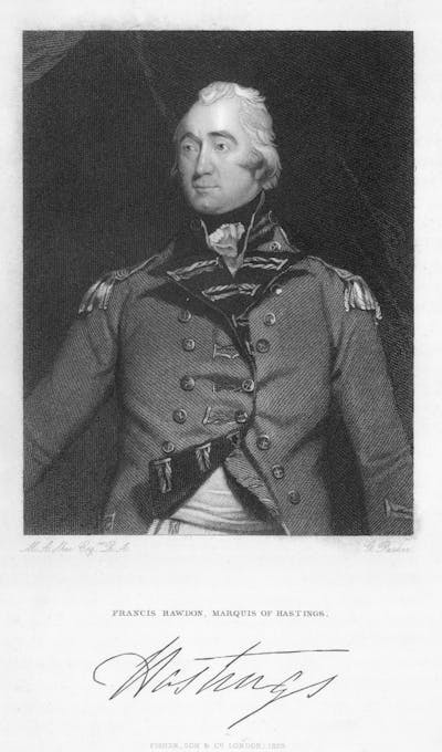 A gray-haired man in an 18th-century military jacket.