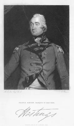 A gray-haired man in an 18th-century military jacket.