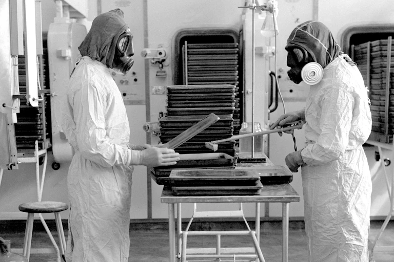 Scientists in protective masks working on a new anthrax vaccine inside Porton Down.