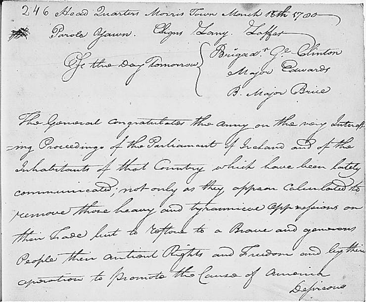 An antique letter, in old-fashioned script, in which George Washington grants Saint Patrick's Day as a holiday to the troops.