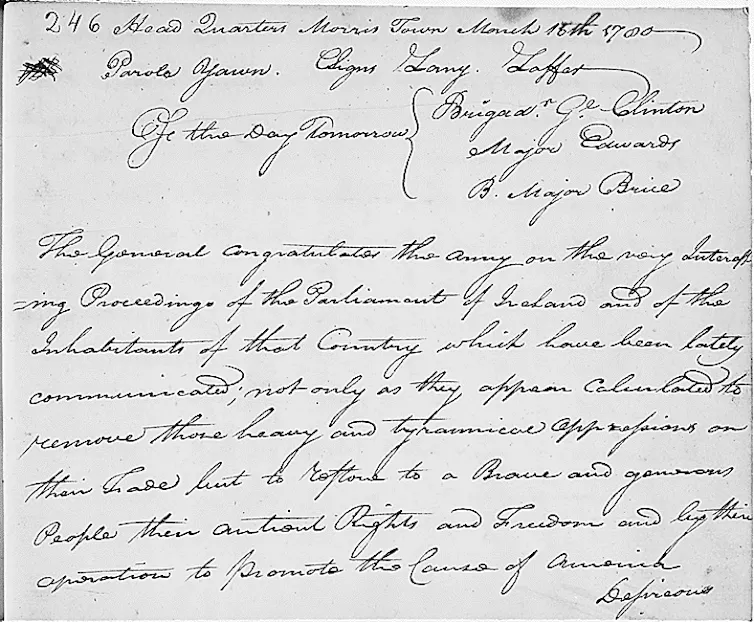 An antique letter, in old-fashioned script, in which George Washington grants Saint Patrick's Day as a holiday to the troops.