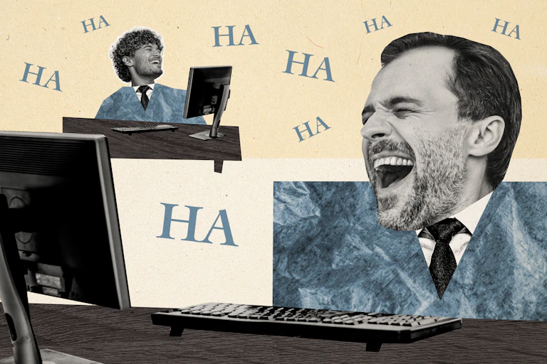 A collage of two men sitting at desks laughing