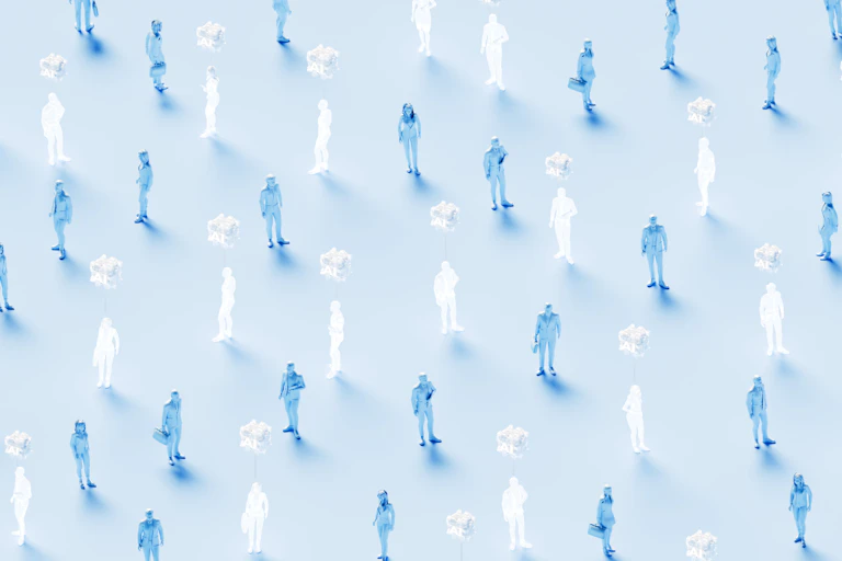 numerous blue human figures and white human silhouettes stand on a grid