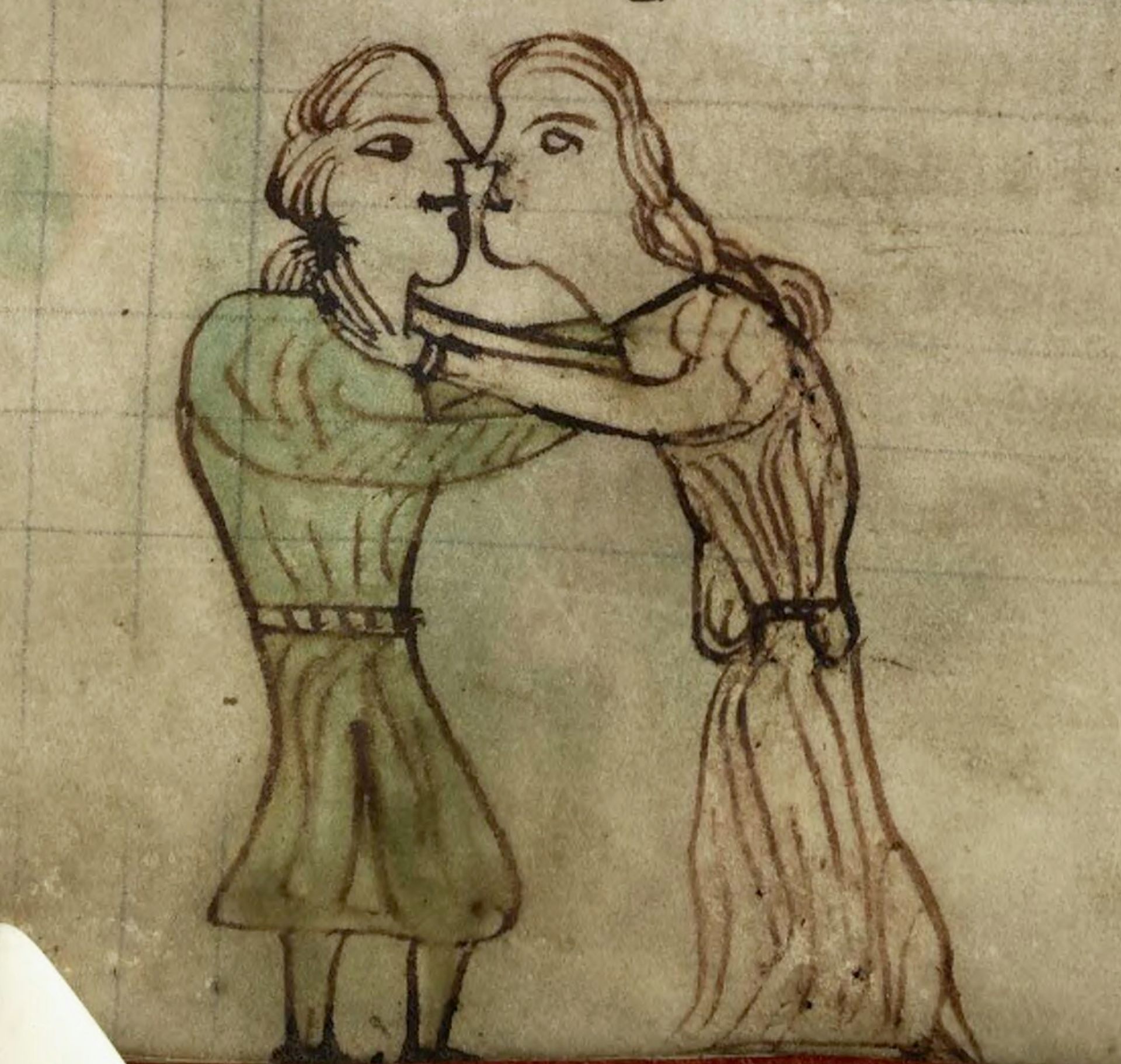 A thirteenth-century sketch of two men kissing