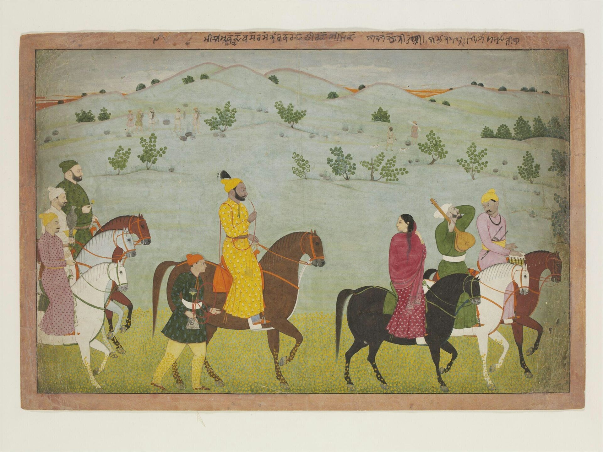 Painting showing men and women riding horses in a rural location