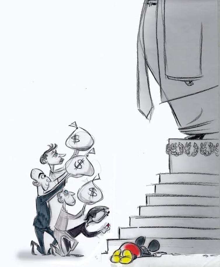A cartoon showing American tech billionaires bowing before a statue of Donald Trump and offering bags of money.