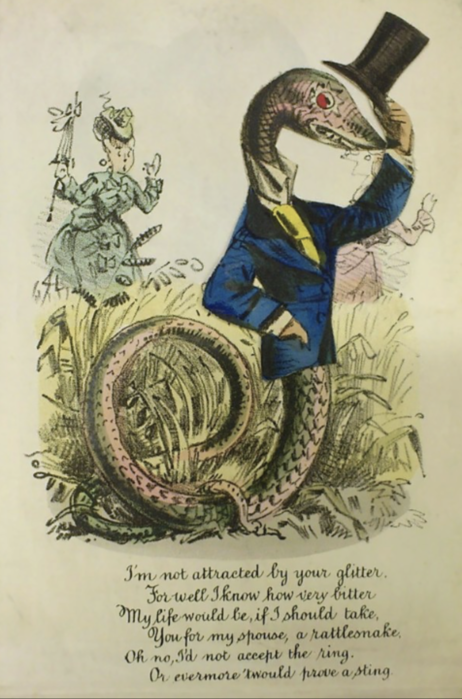 A card showing a snake in a top hat and smoking jacket.