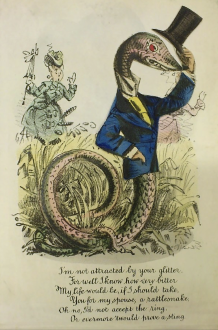 A card showing a snake in a top hat and smoking jacket.