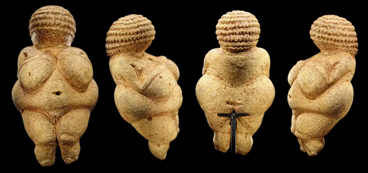 4 angles of a sandy-colored carving of a woman's figure